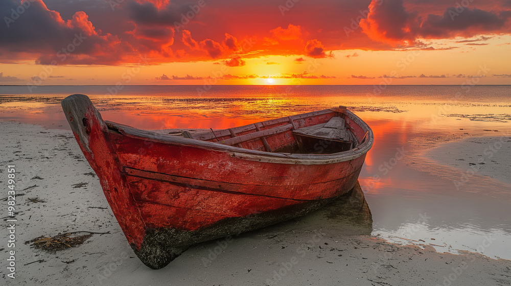 Abandoned red wooden boat on a sandy shore at sunset with vibrant orange skies Abandoned red wooden boat on a sandy shore at sunset with vibrant orange skies