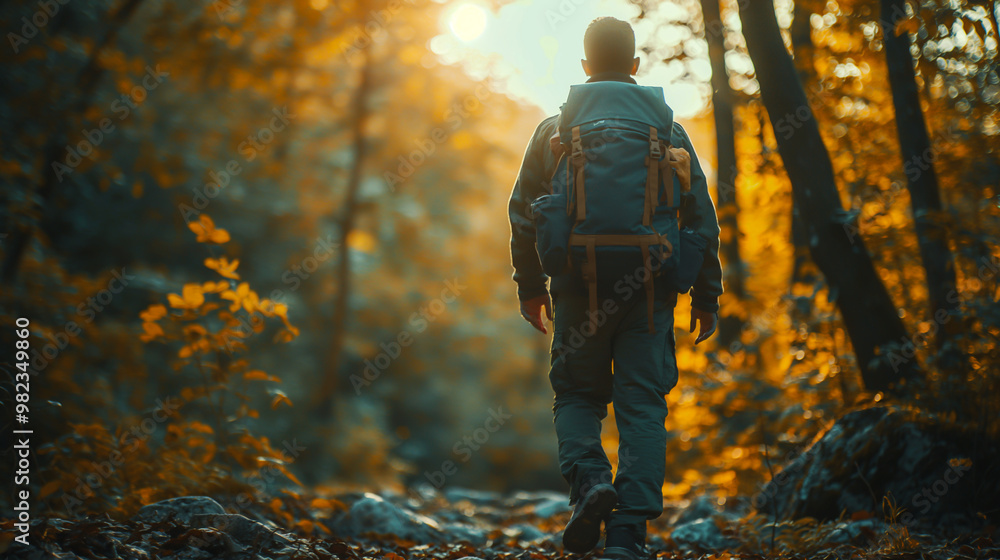 Hiker walking through a sunlit forest in autumn Hiker walking through a sunlit forest in autumn