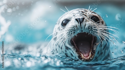 A seal fully submerged underwater with its mouth open, revealing its teeth and expressing a sense of vigor and playfulness, highlighting the aquatic beauty of marine life.