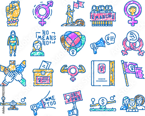 feminist female women doodle icons set vector. sketch line art activist woman, feminism strong, movement protest, fist power, girl, hand feminist female women color illustrations