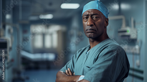 african american male surgeon weary doctor in hospital interiors