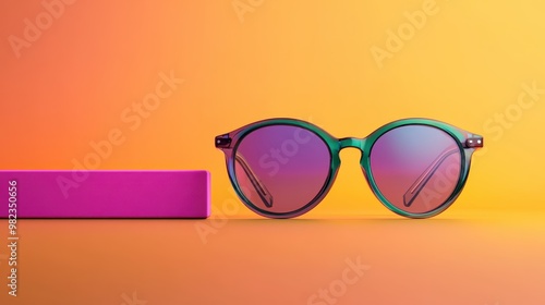 A pair of modern, vibrant sunglasses with round frames set against a gradient orange and yellow background with a pink elongated box beside them. photo