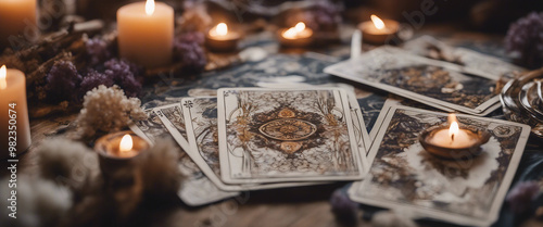 Tarot cards on the table with crystals dry flowers and smoke Blurred background with copy space occu
