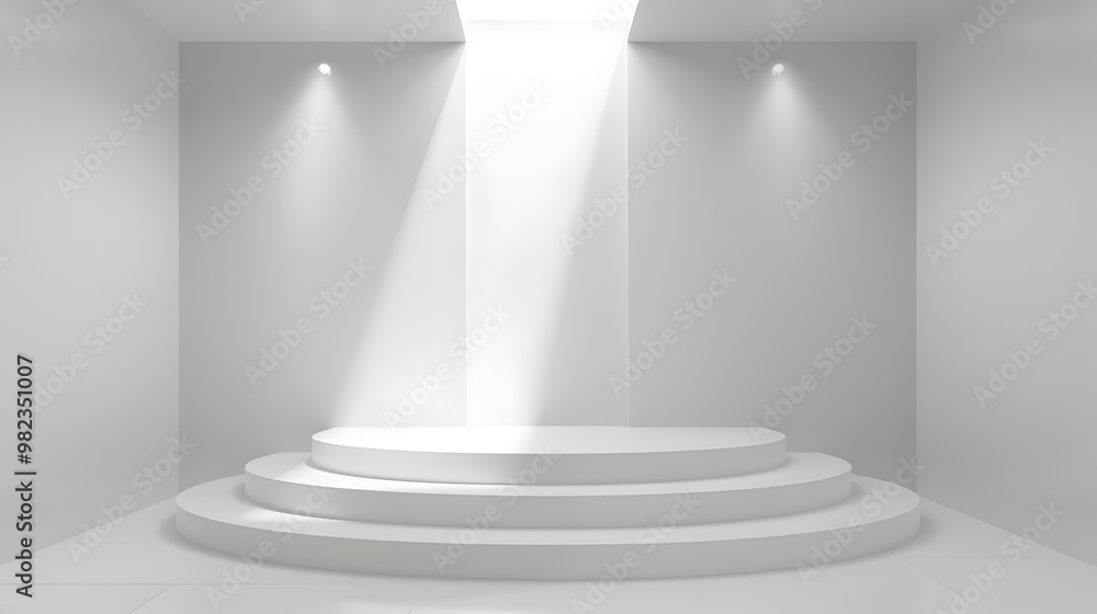 Obraz premium Minimalist White Podium with Clean Lines and Overhead Lighting for Product Display Concept