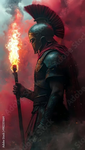spartan warrior holding fire torch surrounded by thick dark smoke Seamless looping 4k time-lapse virtual video animation background.
