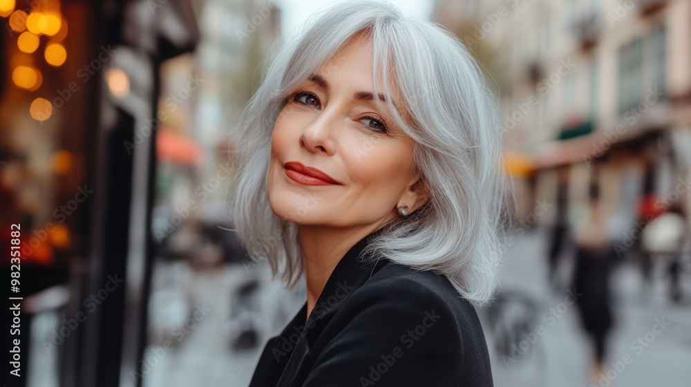 Fototapeta premium Elegant mature woman with silver hair smiling outdoors