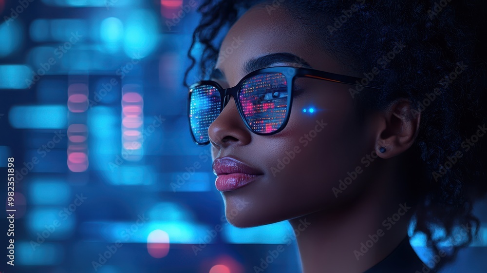 Confident woman with futuristic glasses reflecting digital data, immersed in a high-tech environment filled with glowing blue and red lights, showcasing innovation. Confident woman with futuristic glasses reflecting digital data, immersed in a high-tech environment filled with glowing blue and red lights, showcasing innovation.
