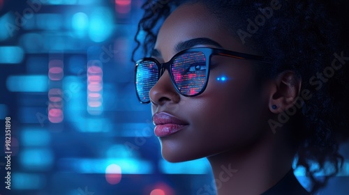 Confident woman with futuristic glasses reflecting digital data, immersed in a high-tech environment filled with glowing blue and red lights, showcasing innovation.