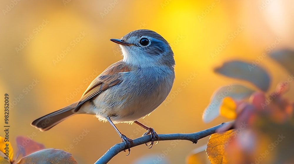 A small, blue and brown bird perches on a branch, with a warm, yellow background. A small, blue and brown bird perches on a branch, with a warm, yellow background.