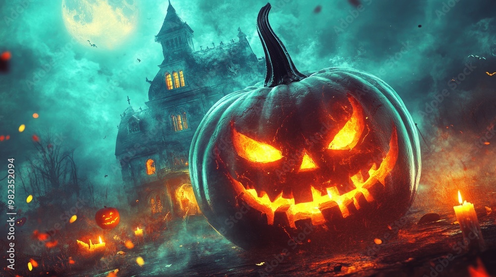 Halloween pumpkin with candlelight in front of a haunted house background, Halloween pumpkin with candlelight in front of a haunted house background,