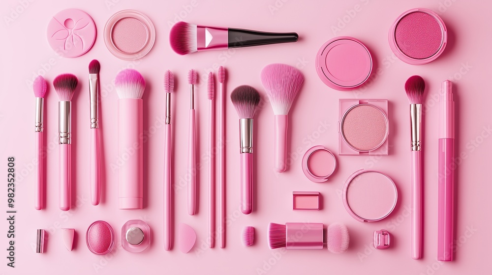A colorful array of pink makeup tools and products neatly arranged on a pink background for beauty enthusiasts A colorful array of pink makeup tools and products neatly arranged on a pink background for beauty enthusiasts