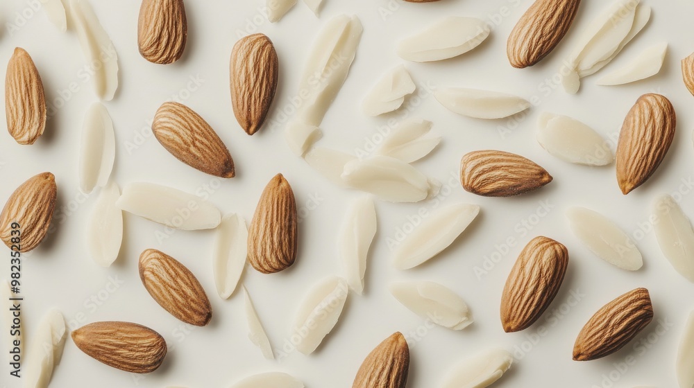 A top-down view of almond slivers and whole almonds arranged neatly on a white surface, highlighting their delicate and crunchy appearance. A top-down view of almond slivers and whole almonds arranged neatly on a white surface, highlighting their delicate and crunchy appearance.
