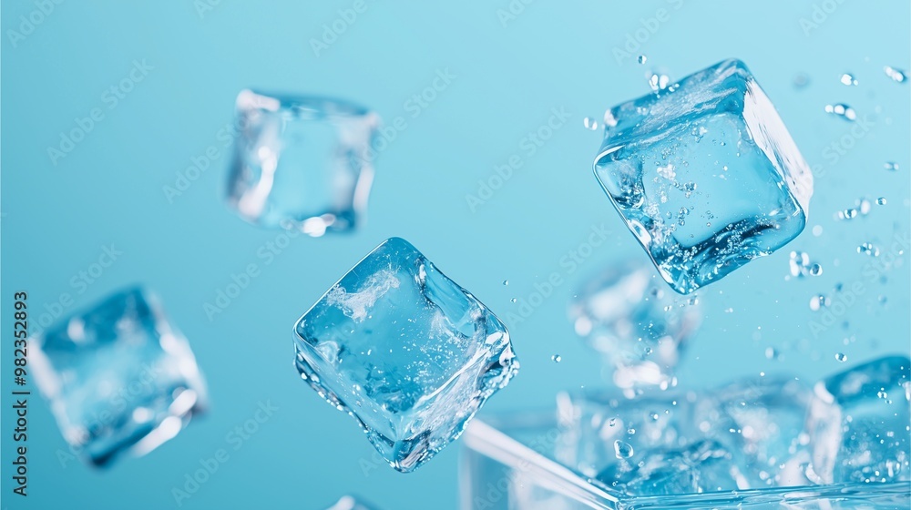 Close-up of melting ice cubes in mid-air with water splashes on light blue background. Close-up of melting ice cubes in mid-air with water splashes on light blue background.