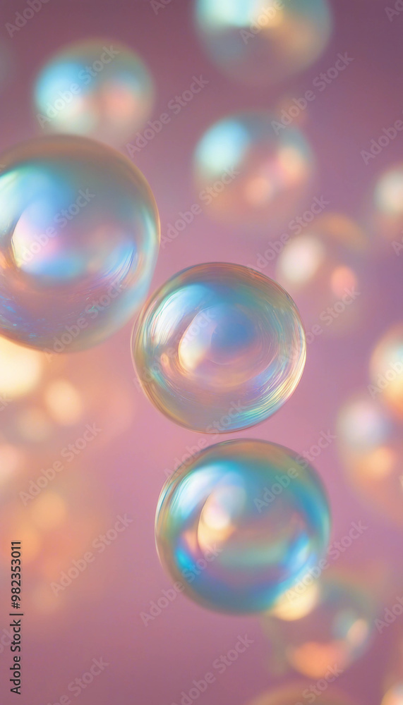 Translucent soap bubbles on pastel holographic light background vertical Translucent soap bubbles on pastel holographic light background vertical