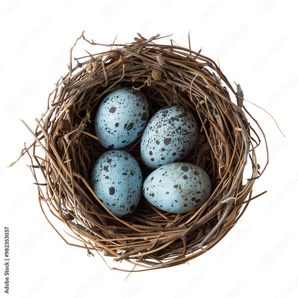 Obraz premium Close-up of a bird's nest with four speckled blue eggs. Detailed texture and natural colors, perfect for wildlife and spring themes.