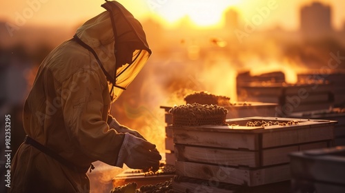 Beekeeper at Sunrise Tending to Beehives with City Skyline in the Background photo