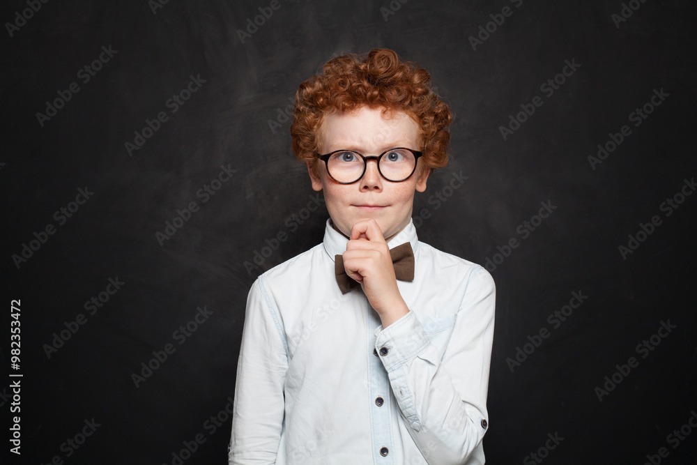 Smiling little boy thinking at copy space in casual clothes with books for studing at school isolated over yellow background Smiling little boy thinking at copy space in casual clothes with books for studing at school isolated over yellow background