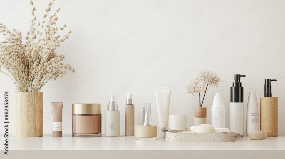 A vanity table neatly arranged with various women cosmetics, including foundation, lipsticks, and skincare products, set against a clean, white background. A vanity table neatly arranged with various women cosmetics, including foundation, lipsticks, and skincare products, set against a clean, white background.
