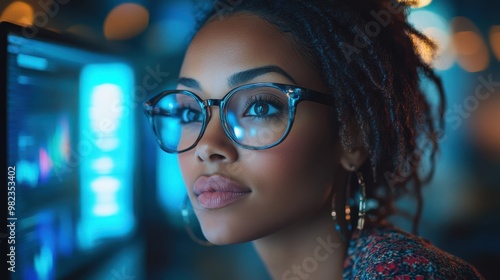 Woman with glasses staring intently at a digital screen, surrounded by glowing blue lights, representing technology, data analysis, and futuristic systems