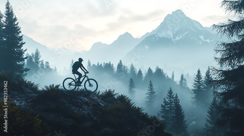 A mountain biker rides along a rocky trail, their silhouette visible against a fiery sunset sky with the iconic Matterhorn peak in the background photo