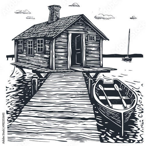 A vector illustration of a wooden cabin by the water with a boat, depicted in an engraving style.