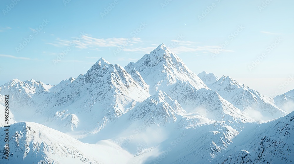 A panoramic view of snow-capped mountain peaks reaching towards a clear blue sky. The image captures the beauty and serenity of a winter wonderland A panoramic view of snow-capped mountain peaks reaching towards a clear blue sky. The image captures the beauty and serenity of a winter wonderland