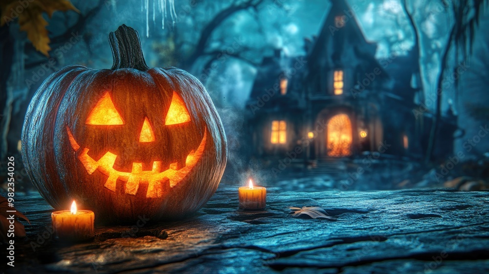 Halloween pumpkin with candlelight in front of a haunted house background, Halloween pumpkin with candlelight in front of a haunted house background,