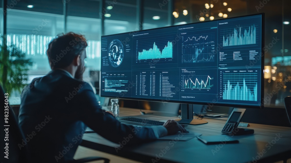 Man in suit analyzing business data on multiple computer monitors in modern office at night. Digital financial statistics, tech screens, corporate research, professional analytics, work success. Man in suit analyzing business data on multiple computer monitors in modern office at night. Digital financial statistics, tech screens, corporate research, professional analytics, work success.