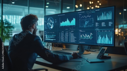 Man in suit analyzing business data on multiple computer monitors in modern office at night. Digital financial statistics, tech screens, corporate research, professional analytics, work success.