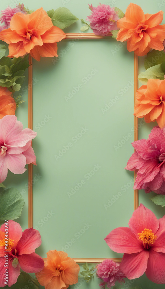 Fototapeta premium Vibrant floral boarder frame background with an array of bright pink orange and green flowers includ