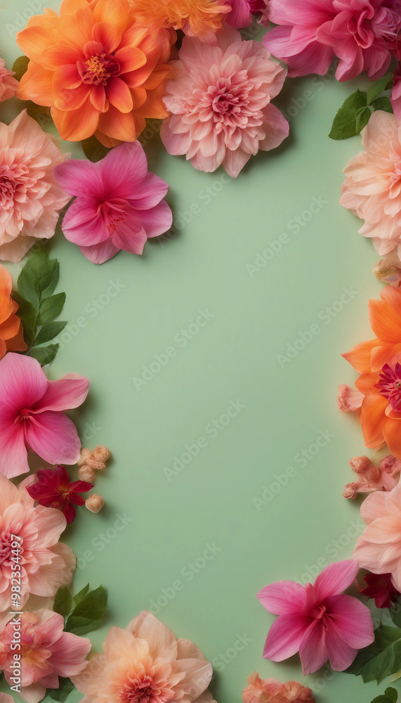 Obraz premium Vibrant floral boarder frame background with an array of bright pink orange and green flowers includ