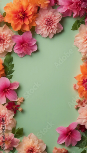 Vibrant floral boarder frame background with an array of bright pink orange and green flowers includ