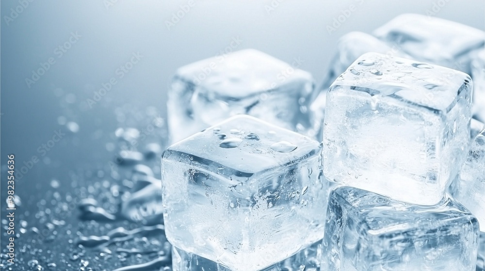 Pile of ice cubes with water droplets on a cool blue background. Pile of ice cubes with water droplets on a cool blue background.