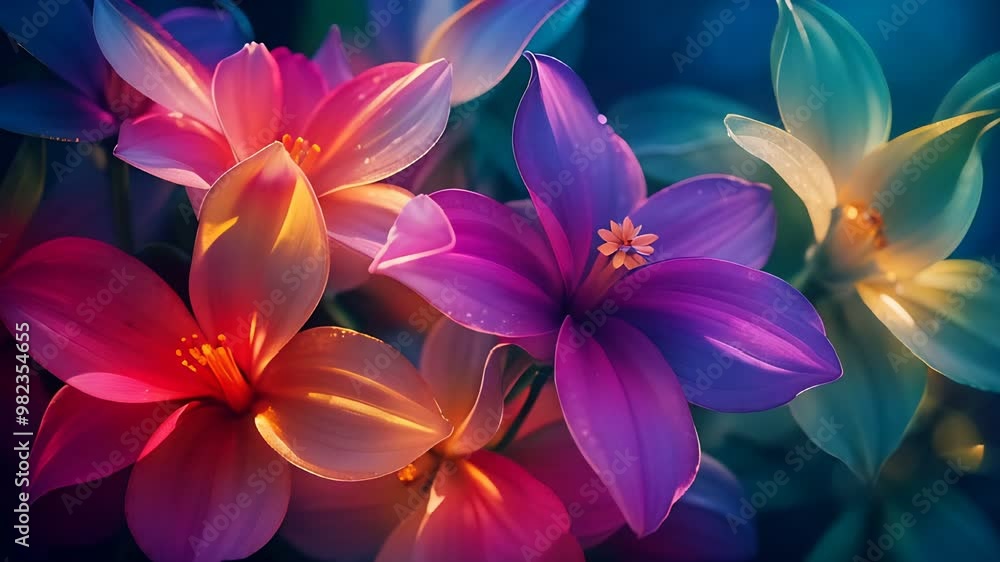 mesmerizing close-up of glowing fluorescent flowers in vivid shades of pink, blue, and purple, set against a dark, ethereal background. mesmerizing close-up of glowing fluorescent flowers in vivid shades of pink, blue, and purple, set against a dark, ethereal background.