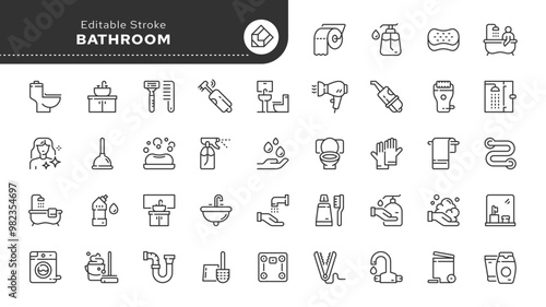 Bathroom line icon set. Toilet, bathtub, sink, mirror, soap, towel, shampoo and more. Outline icon in linear style. Vector collection.	