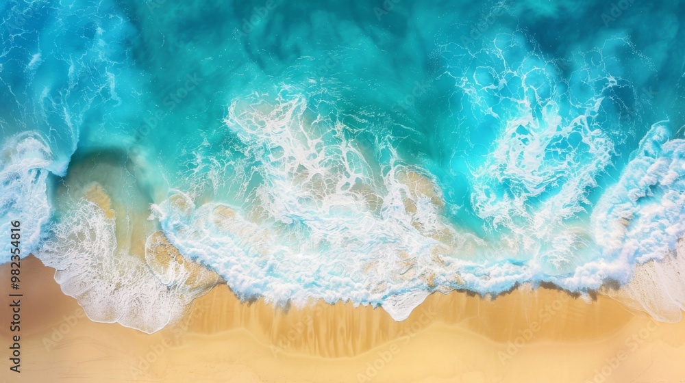 Fototapeta premium Aerial view of beautiful tropical beach with turquoise ocean wave