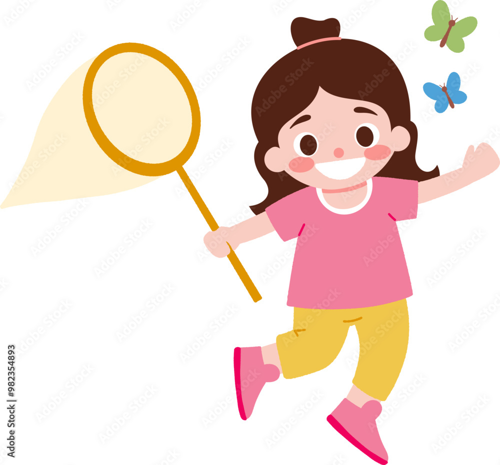 Happy girl catching butterflies with a net illustration Happy girl catching butterflies with a net illustration