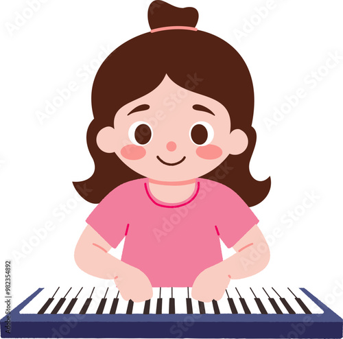 Cartoon girl playing keyboard piano in pink shirt