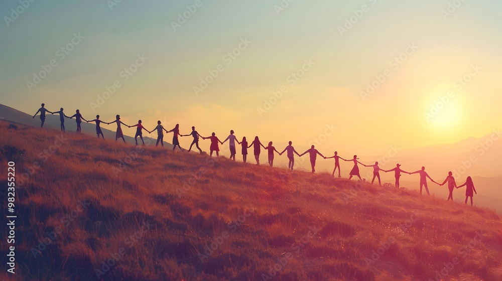Diverse Human Chain Across Scenic Landscape Symbolizing Unity and Strength in Connection Diverse Human Chain Across Scenic Landscape Symbolizing Unity and Strength in Connection