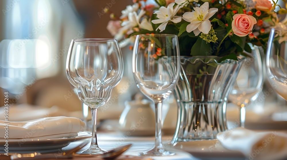 Elegant Tableware and Floral Centerpiece in Upscale Restaurant Setting Elegant Tableware and Floral Centerpiece in Upscale Restaurant Setting