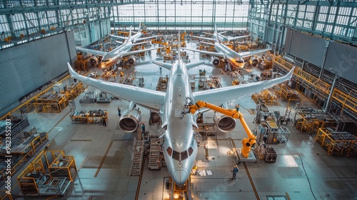 Modern jet assembly line with robotic arms and engineers constructing aircraft in an expansive, open space