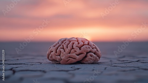 A solitary human brain placed on a dry, cracked earth under a poetic dawn light, symbolizing contemplation, solitude, and the fragility of life in a desolate landscape. photo