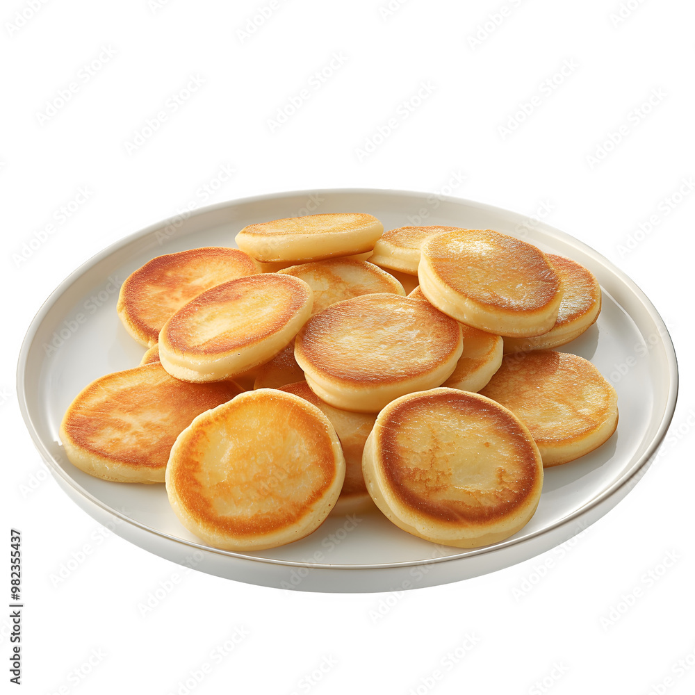 Delicious stack of golden brown pancakes arranged on a white plate, isolated on a transparent background, perfect for breakfast-themed designs Delicious stack of golden brown pancakes arranged on a white plate, isolated on a transparent background, perfect for breakfast-themed designs