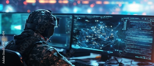 A soldier monitors multiple screens filled with data and graphics, showcasing advanced technology in a modern command center.