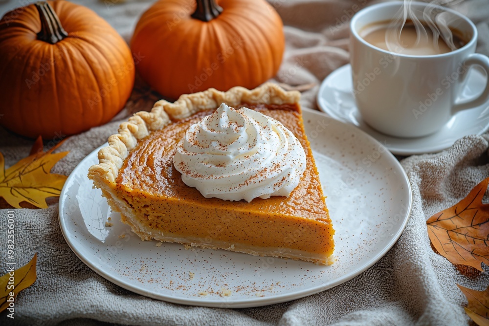 A cozy top-down view of fresh pumpkin pie with whipped cream and coffee, perfect for Thanksgiving and Halloween celebrations, with copy space for text.