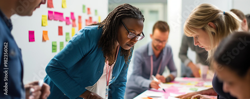Group collaboration on sticky notes in a vibrant brainstorming session at a modern office space