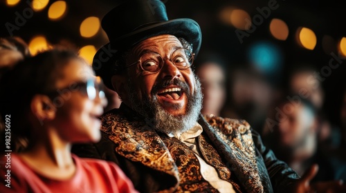 An individual dressed in an intricate, ornate outfit and hat, sitting amidst an audience with golden lights creating a warm, festive ambiance around the scene.