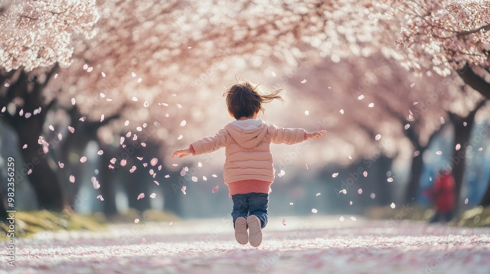 A child running through a park filled with cherry blossom trees, with petals flying into the air as they dash by