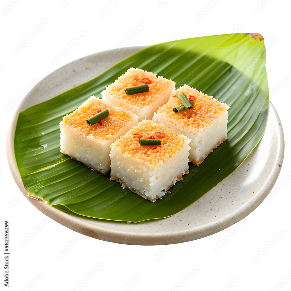Four classic asian sweets displayed on a banana leaf platter, adorned with vibrant toppings for an authentic culinary display Four classic asian sweets displayed on a banana leaf platter, adorned with vibrant toppings for an authentic culinary display