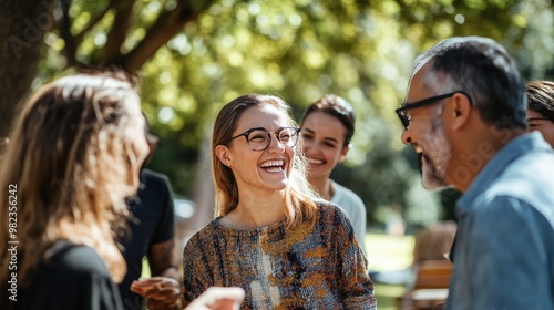 Group of Friends Having a Conversation Outdoors in Sunny Park 